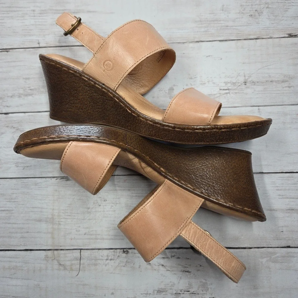 Born D91516 CCK15 Leather Wedge Slingback Sandals Women 12 Tan Nude Boho Comfort